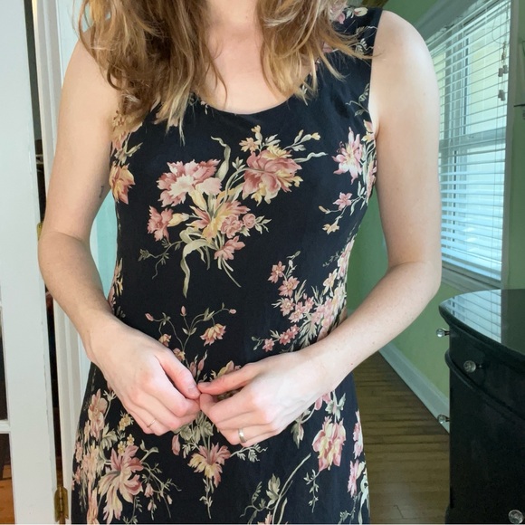 Vintage 100% Silk Casual Corner Black Floral Midi Dress Y2K Whimsigoth - Picture 11 of 11